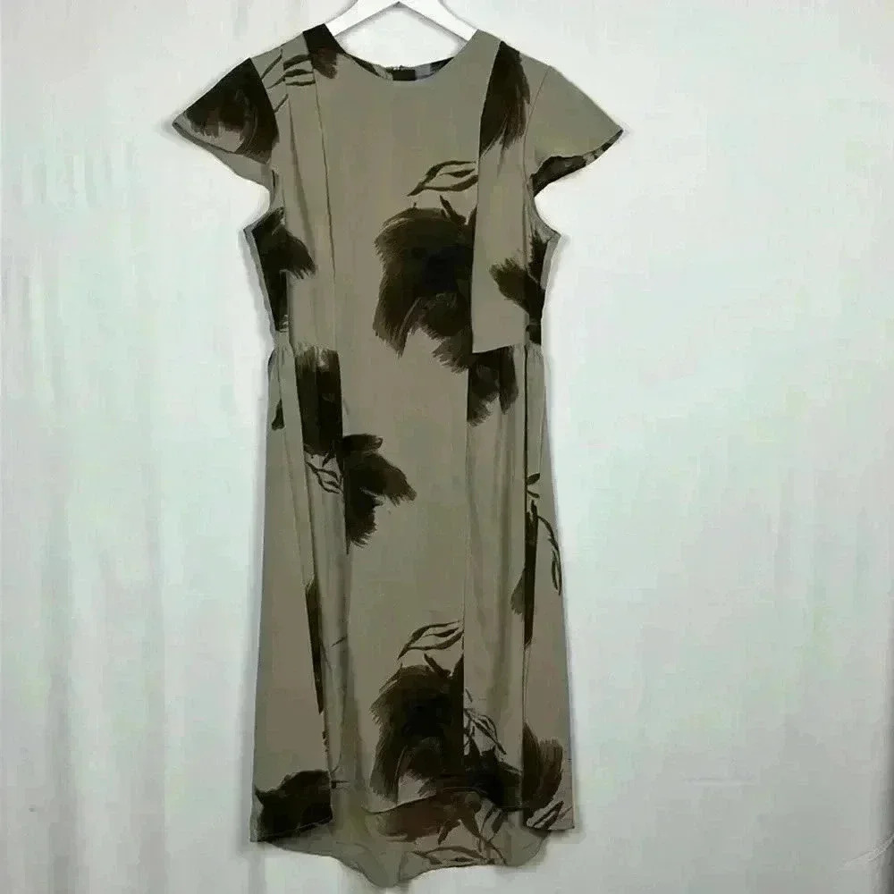 Simply Vera Wang Womens Dress Tan/Brown 6 Flutter Sleeves Exposed Back Zip EUC